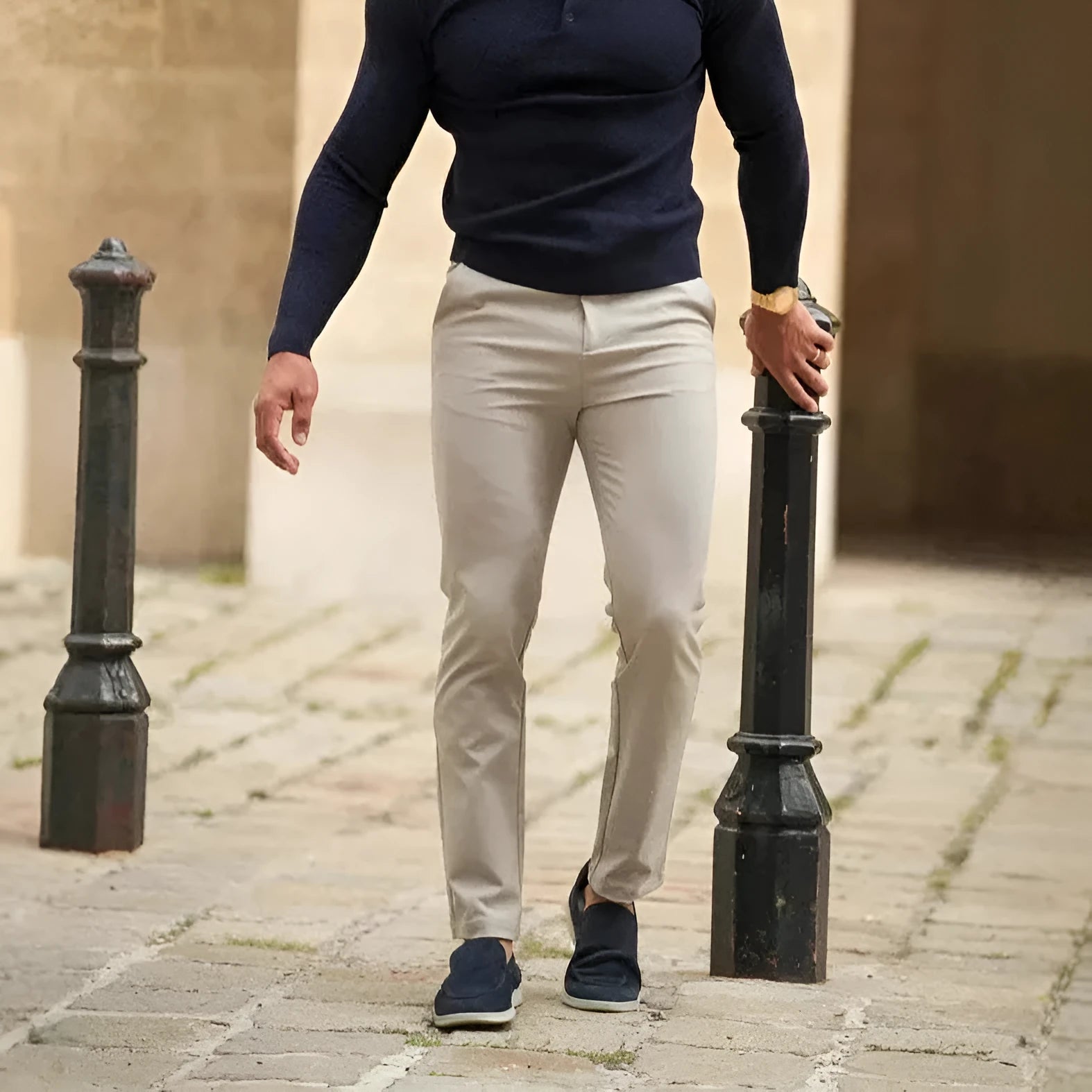 Men's solid colour casual suit trousers in polyester fibre blend, available in five colours and sizes S to 3XL