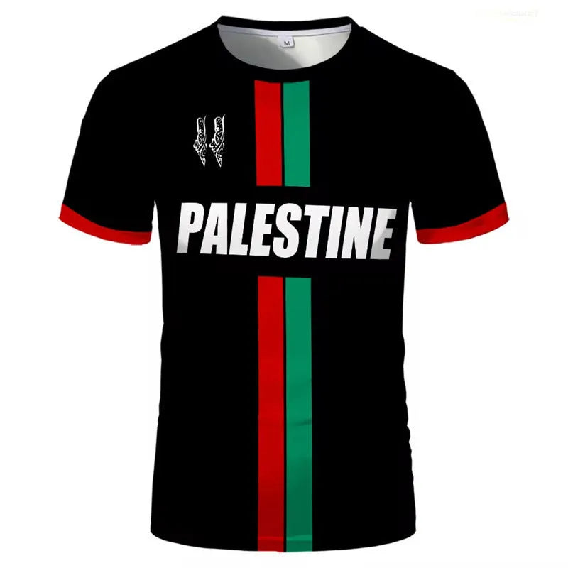 Black 3D printed football T-shirt on a hanger, showing the raised pattern and half-length sleeves.