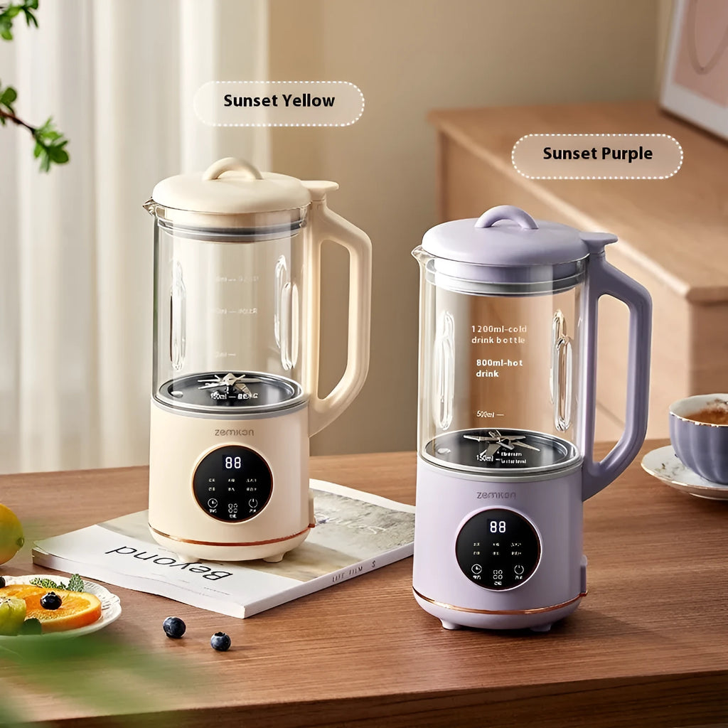 Milky white automatic cytoderm breaking soybean milk maker with glass body and touch control panel.