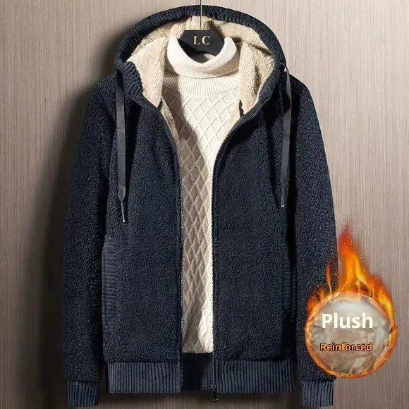 Winter men's zipper hooded sweater cardigan in khaki with thick fleece lining, sizes L to 8XL