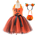 Children's creative festival Halloween cute pumpkin girl dress with mesh sling top and orange yarn skirt