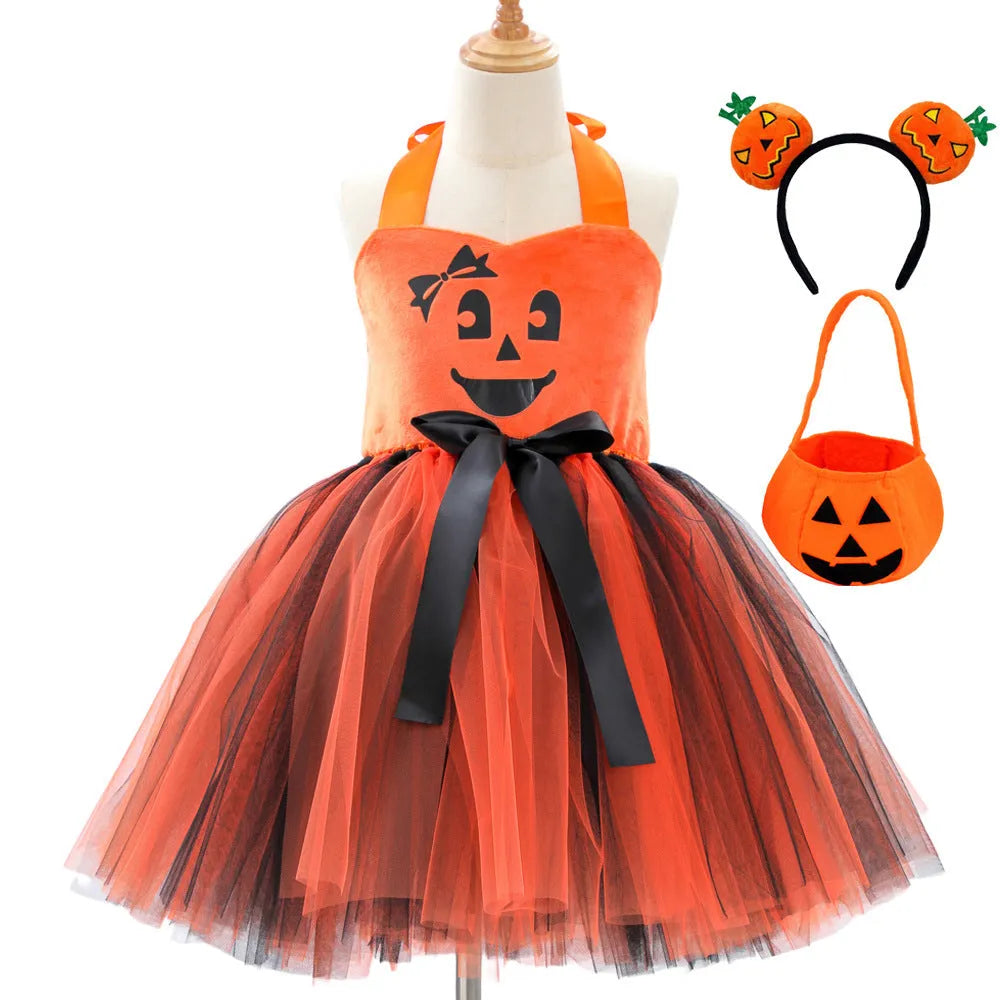 Children's creative festival Halloween cute pumpkin girl dress with mesh sling top and orange yarn skirt