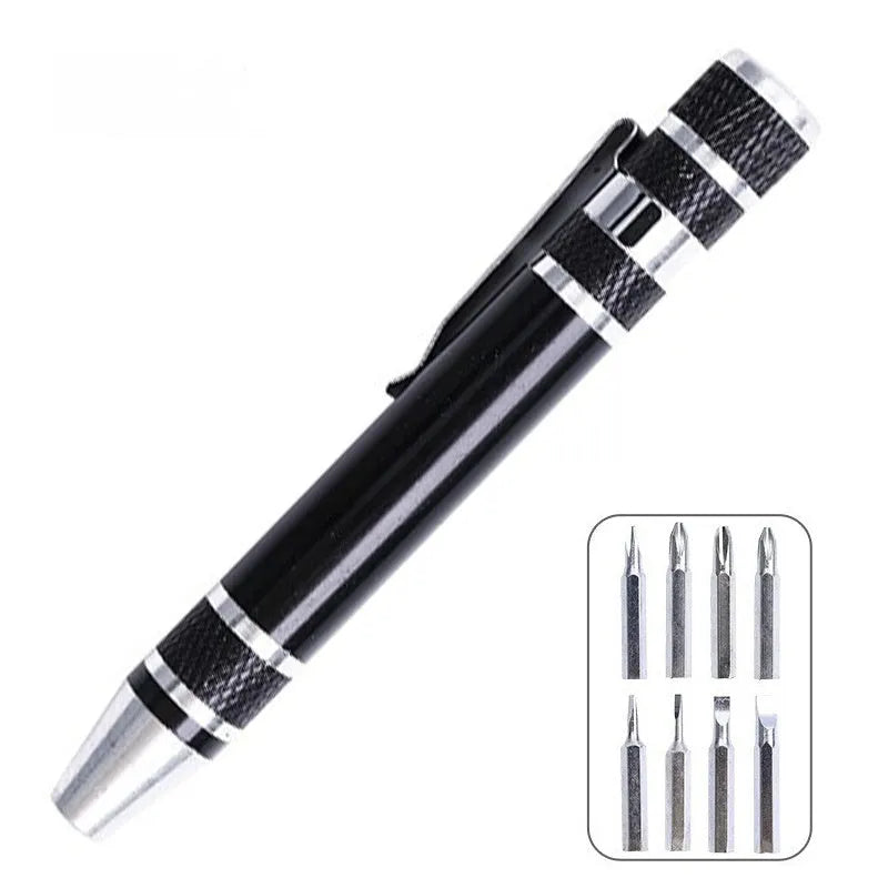 8-in-1 aluminium pen-type screwdriver set showing multiple coloured handles and bits.