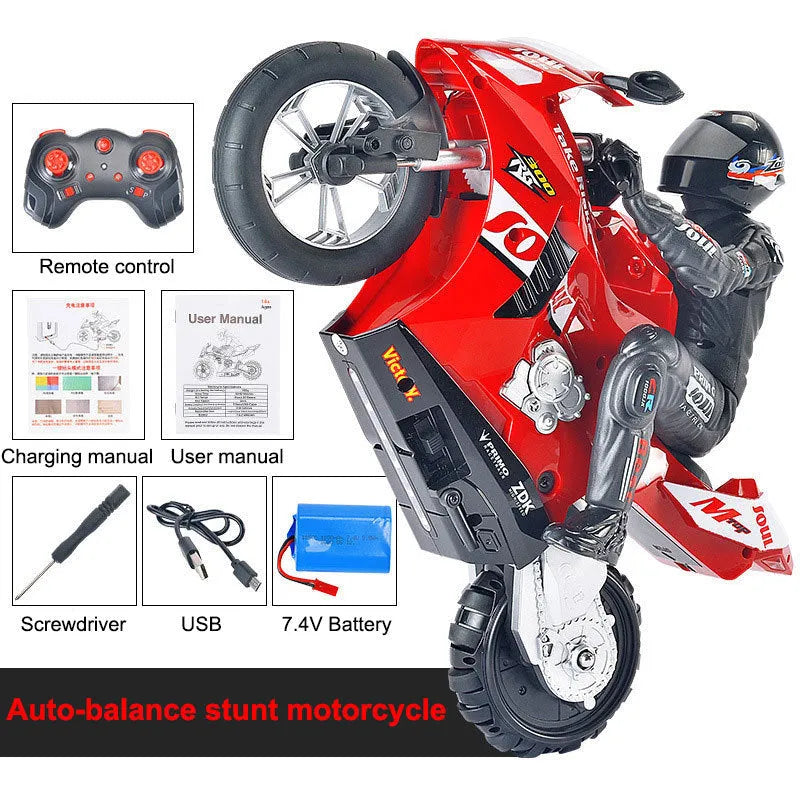 Side-tracking off-road remote control electric motorcycle toy in metallic red with rider