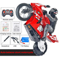 Side-tracking off-road remote control electric motorcycle toy in metallic red with rider