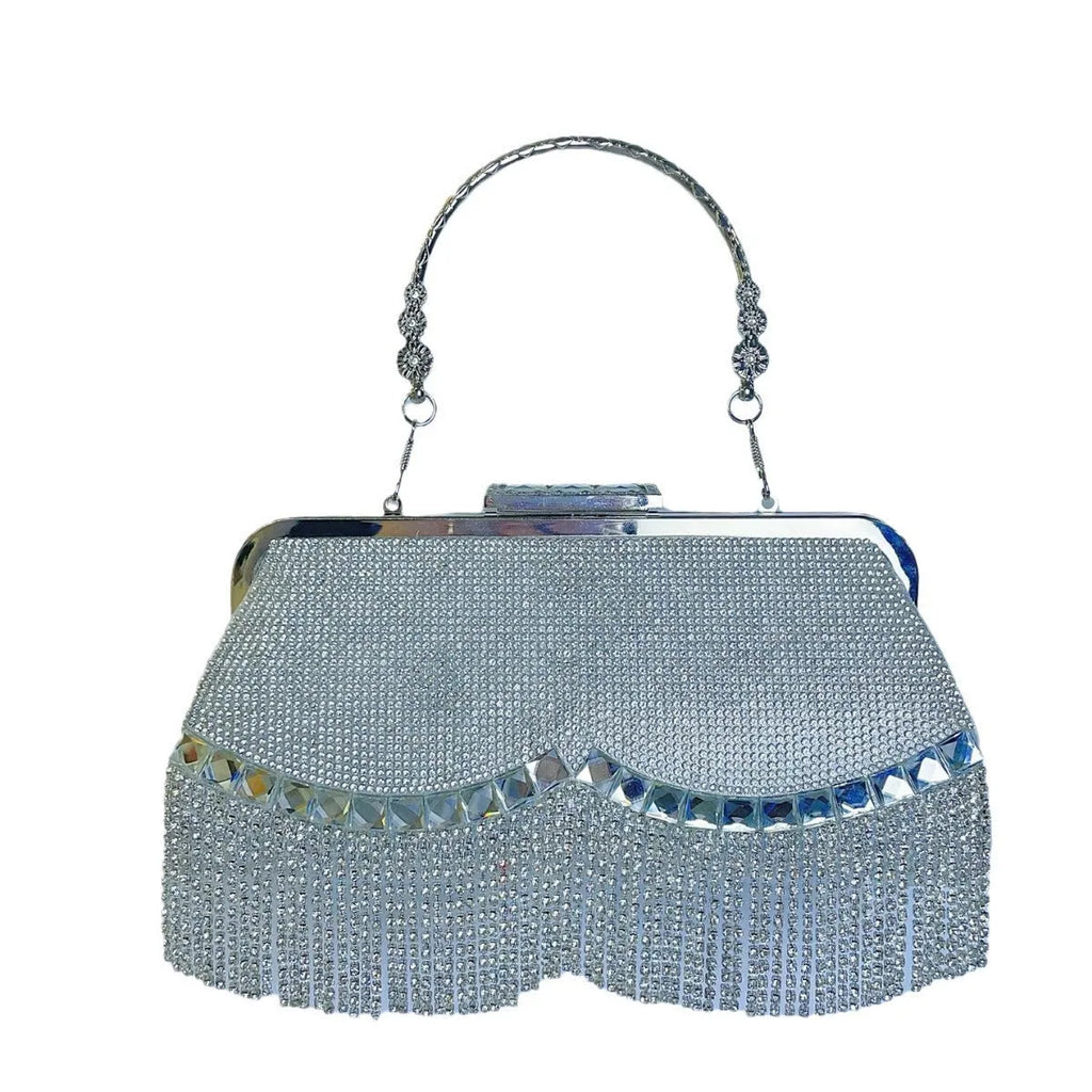 Tassel crossbody banquet bag in polyester shell shape with diamond chain and open pocket, available in black, gold, or silver