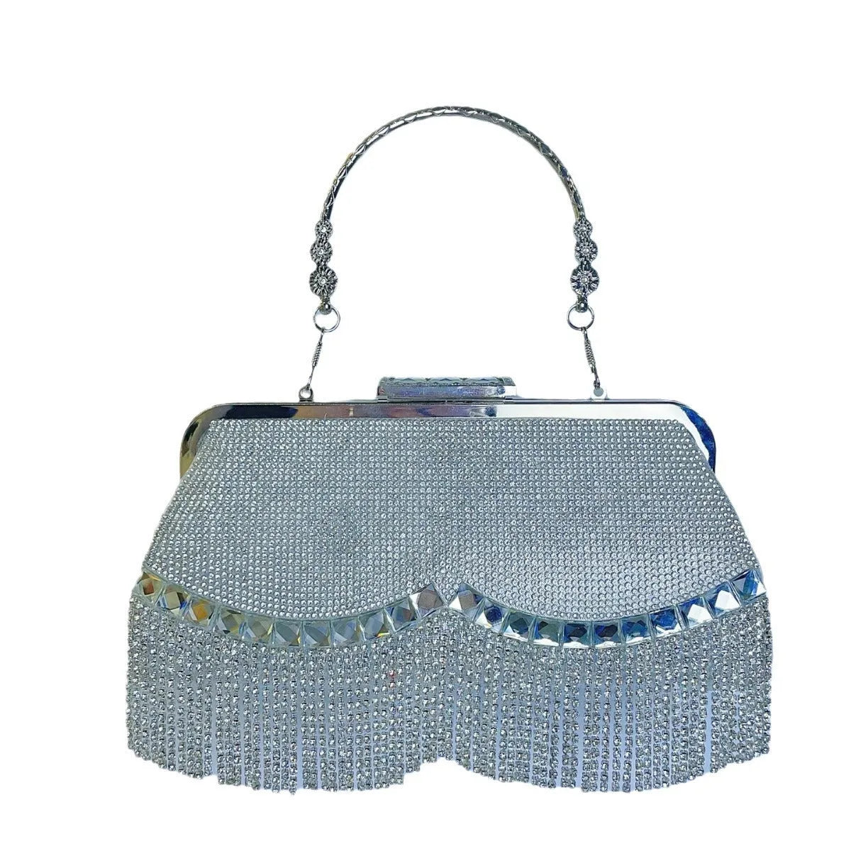 Tassel crossbody banquet bag in polyester shell shape with diamond chain and open pocket, available in black, gold, or silver