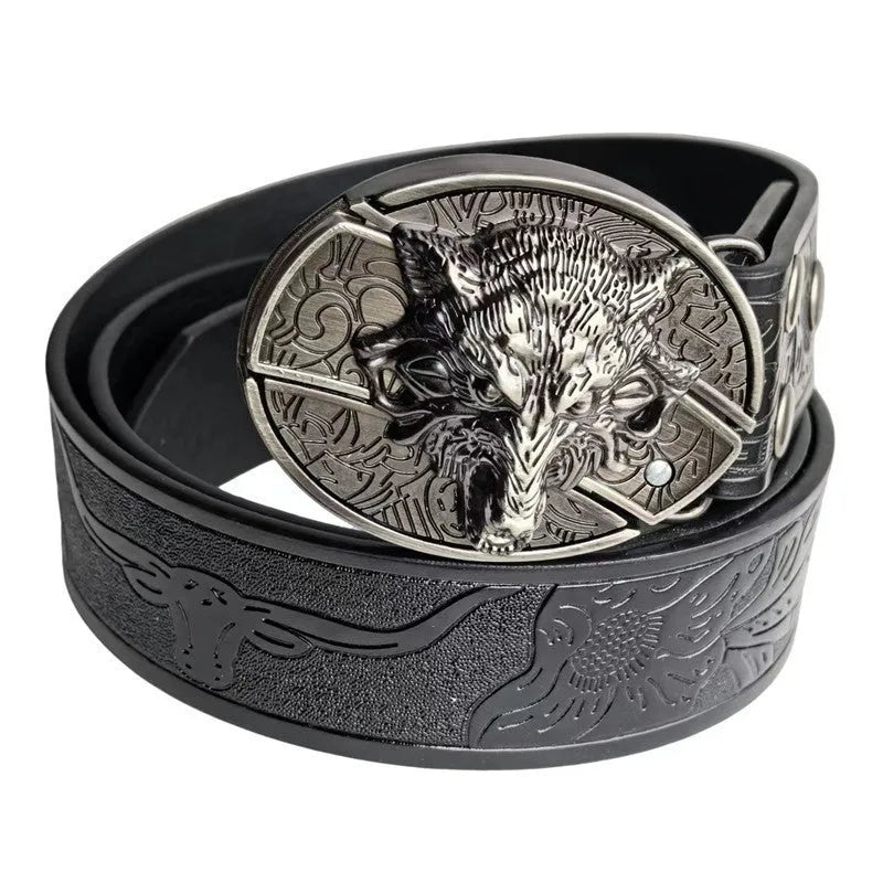 Men's black wolf head belt with 120cm imitation leather perforated strap and alloy buckle
