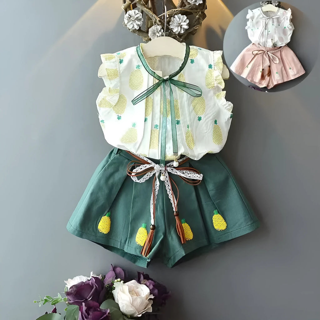Girls' cotton sleeveless blouse and shorts two-piece set with dot print and bow, green and pink options for 100-140cm height