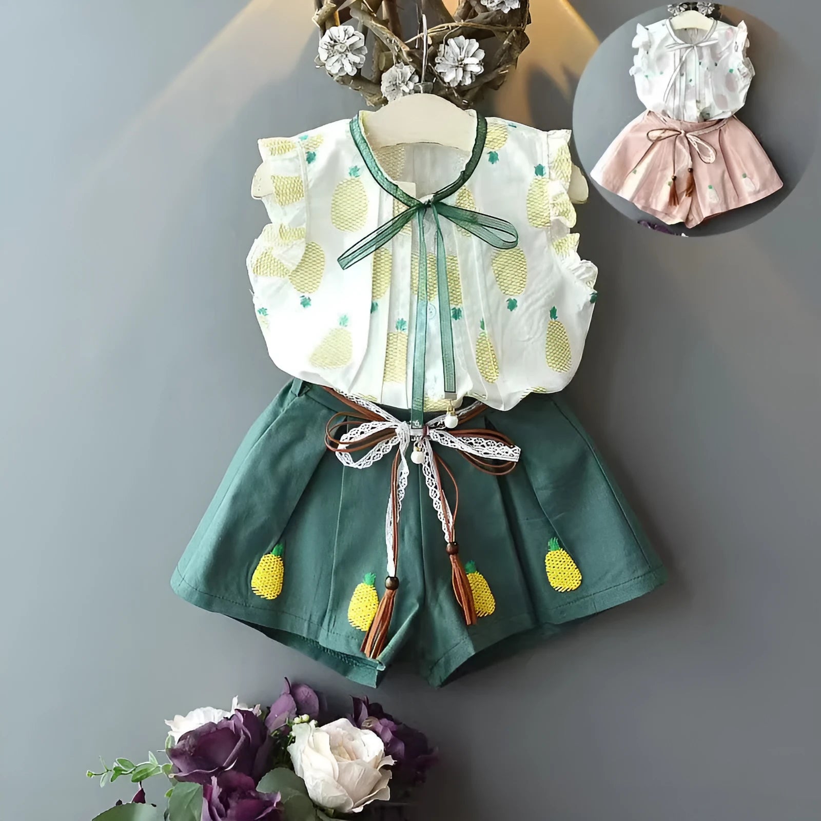 Girls' cotton sleeveless blouse and shorts two-piece set with dot print and bow, green and pink options for 100-140cm height