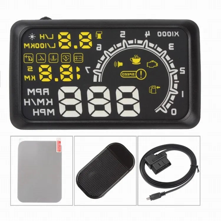 Black ABS head up display with multicolour nanotechnology screen on a non-slip mat for OBD II cars
