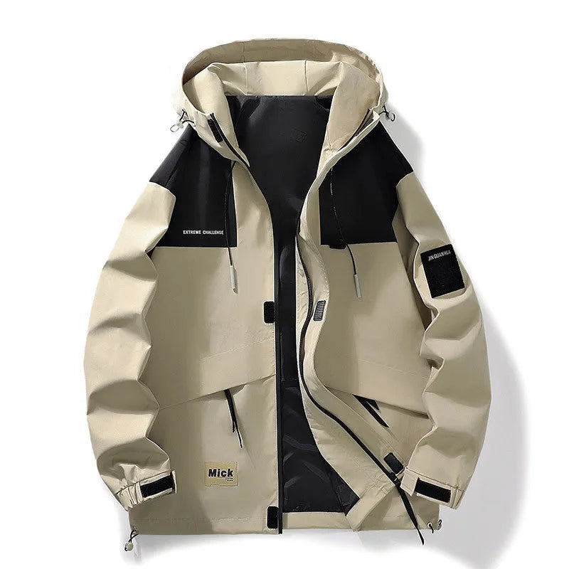 Men's waterproof windproof hood shell jacket in Army Green, loose fit, polyester outdoor coat