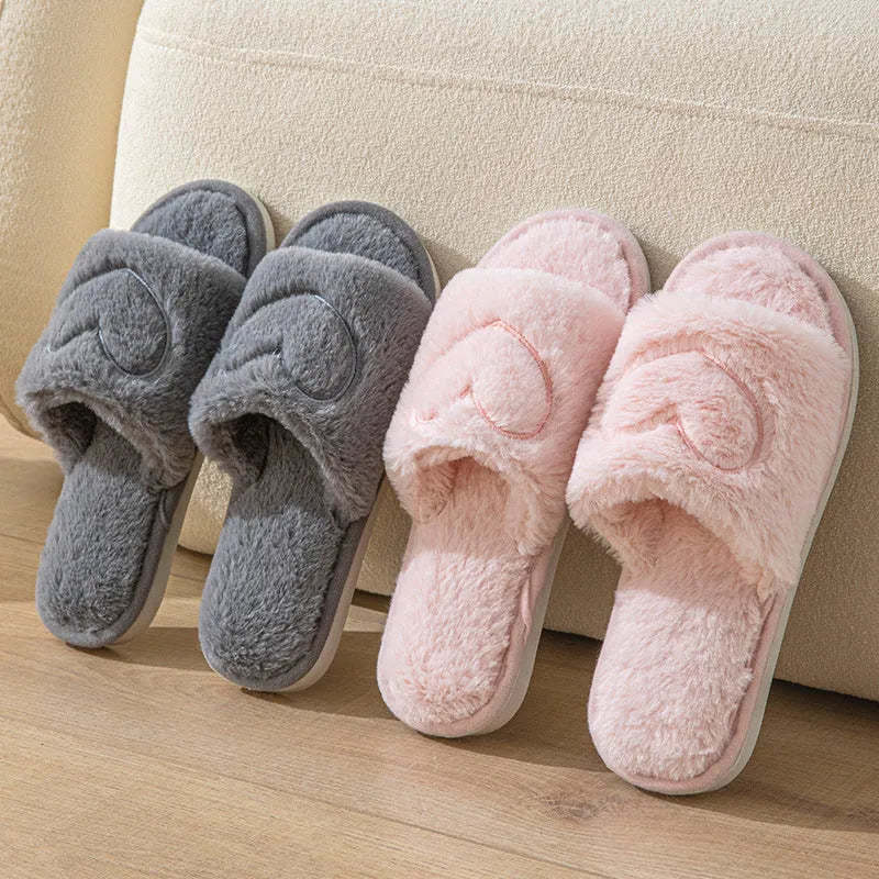 Plush open toe couple slippers in black with TPR sole and thickening upper