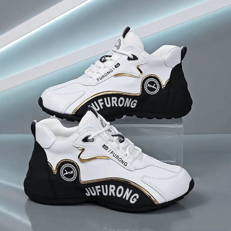 Casual mid-top cowhide leather sneakers with front lace-up, round toe, and plastic sole in black and white colourway