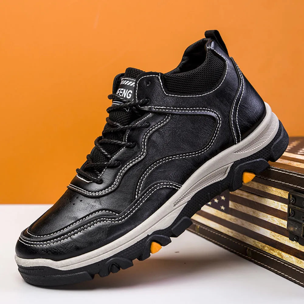 Men's winter warm ankle work boots in black cotton version, side view showing thick sole and front tie lacing