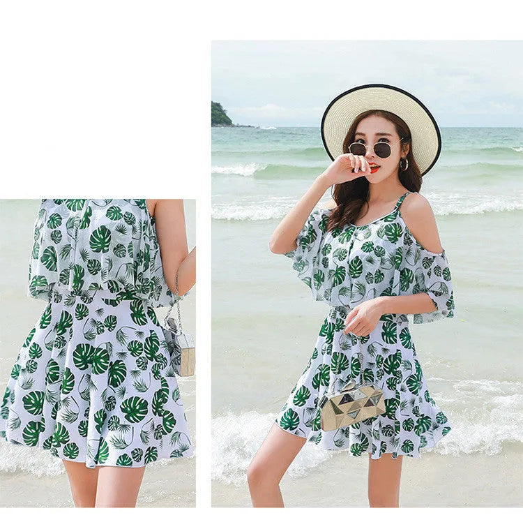 Women's printed one-piece swimsuit in polyester fabric showing green leaf style and black letter style colour options