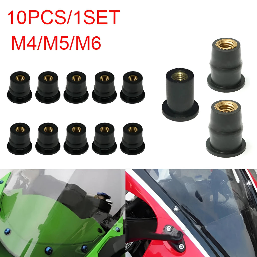 Ten black rubber brass well nut fasteners for motorcycle wind deflector and panel mounting.