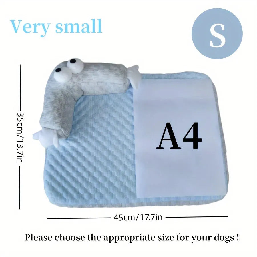 Blue pet bed cushion with big-eyed monster design, non-slip base, for dogs and cats.