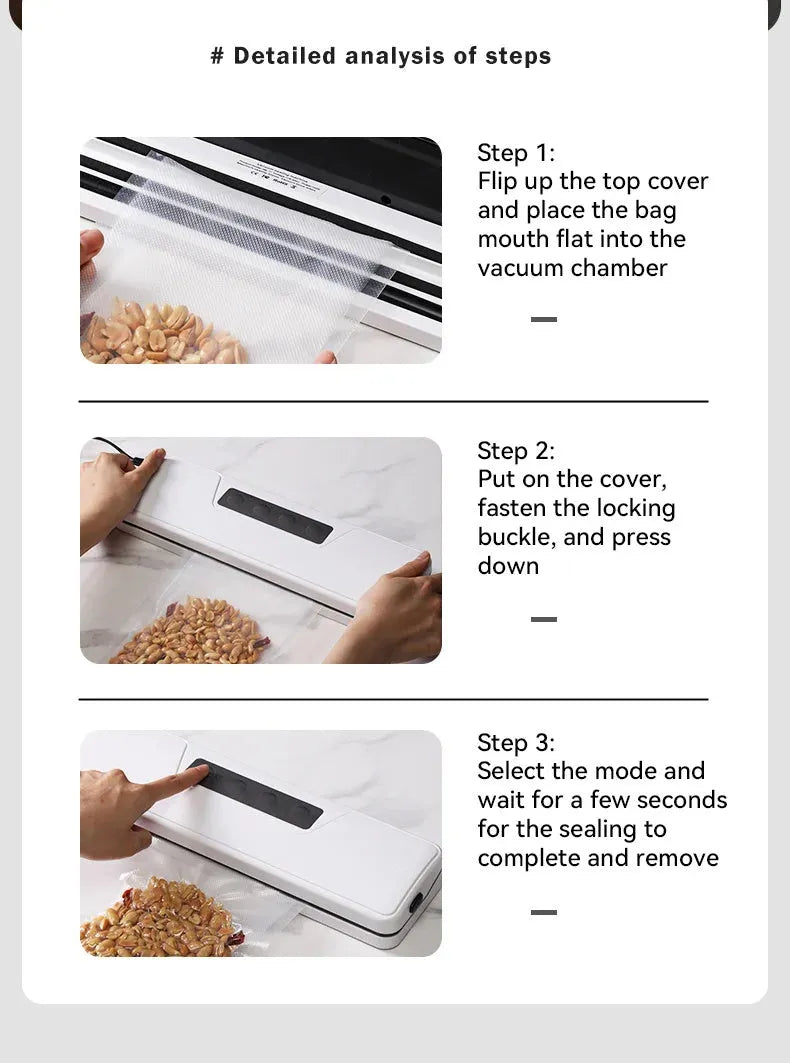 White automatic vacuum sealer machine on a kitchen counter