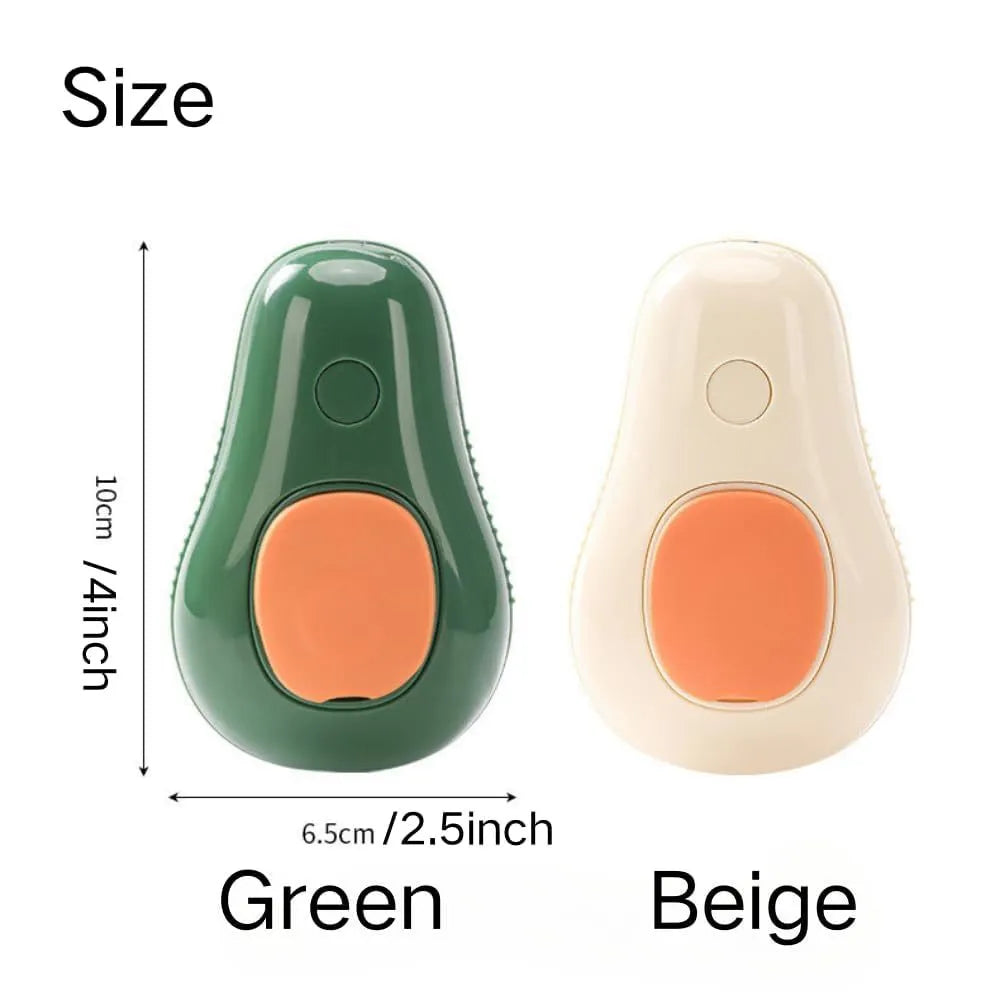 Green and white rechargeable cat steam brush with silicone teeth and water spray button.