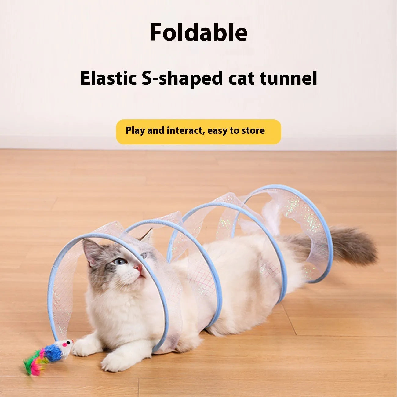 S-type collapsible cat tunnel toy with steel frame, elastic net, and feather attachments