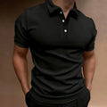 Men's grey loose fit button-front short sleeve t-shirt on a hanger.