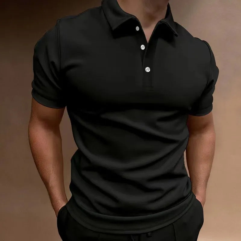 Men's grey loose fit button-front short sleeve t-shirt on a hanger.