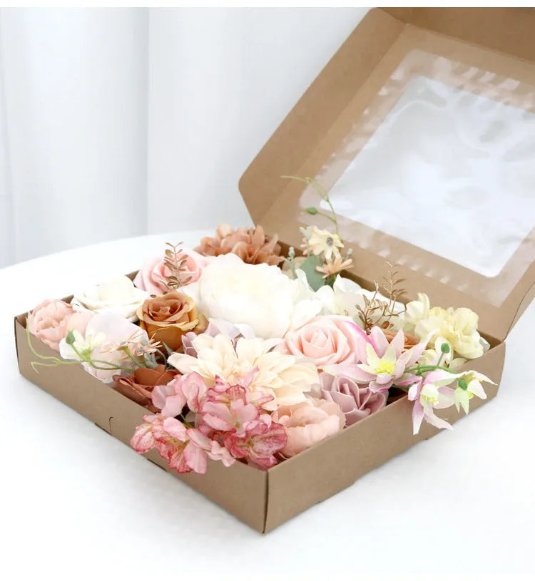Lotus Pink Champagne Rose silk flower box half-handmade arrangement in decorative box