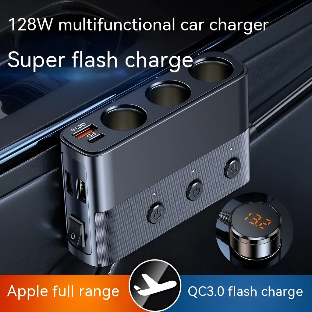 Black car USB charging adapter with multiple ports showing cigarette lighter plug and 1 metre cable