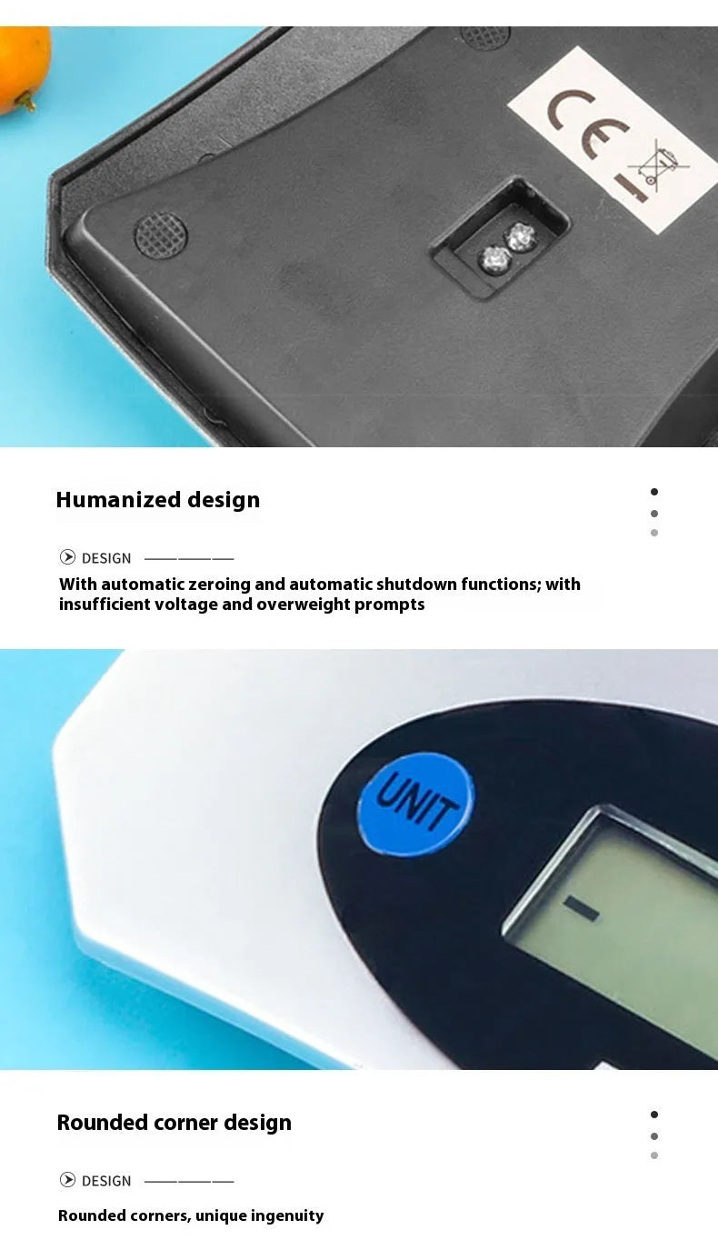 Simple mini kitchen electronic scale in silver white colour on a flat surface, showing weighing display.