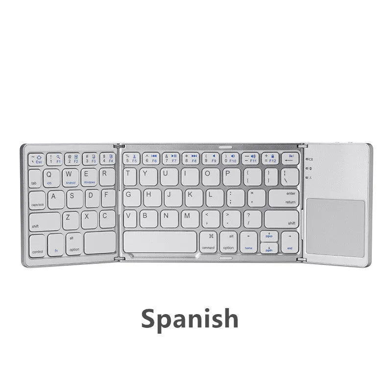 Ultra-thin tri-fold folding Bluetooth keyboard with touchpad in black, folded and spread open