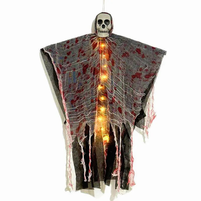 Plastic Halloween decoration of a luminous blood-dyed skull designed as a hanging ghost ornament.