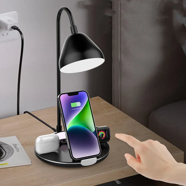 Black magnetic folding wireless charger unfolded in stand position charging iPhone
