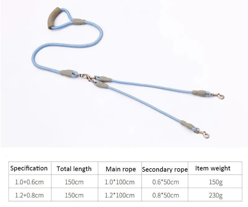 Blue double dog leash for two pets with foam-padded handle and metal clips.