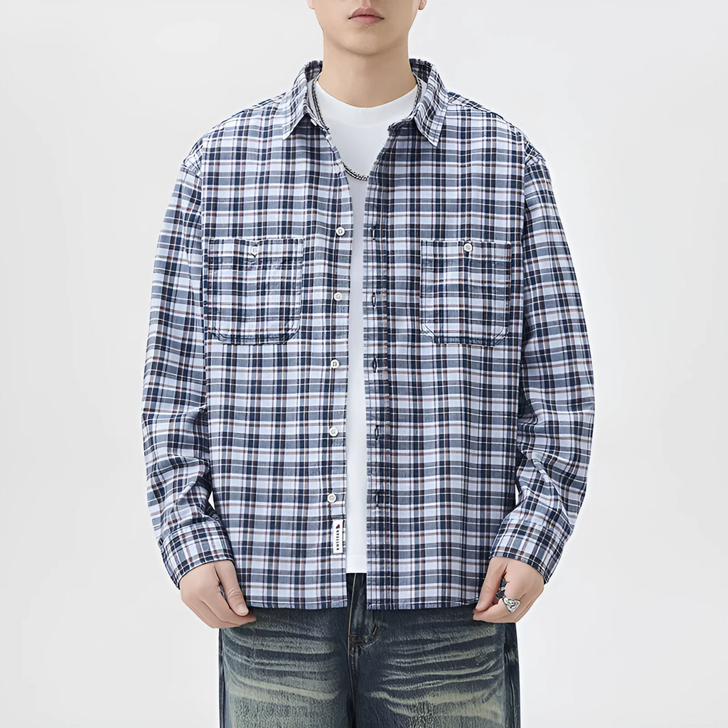 Mens blue grid plaid cotton long sleeve shirt loose fit cardigan coat
