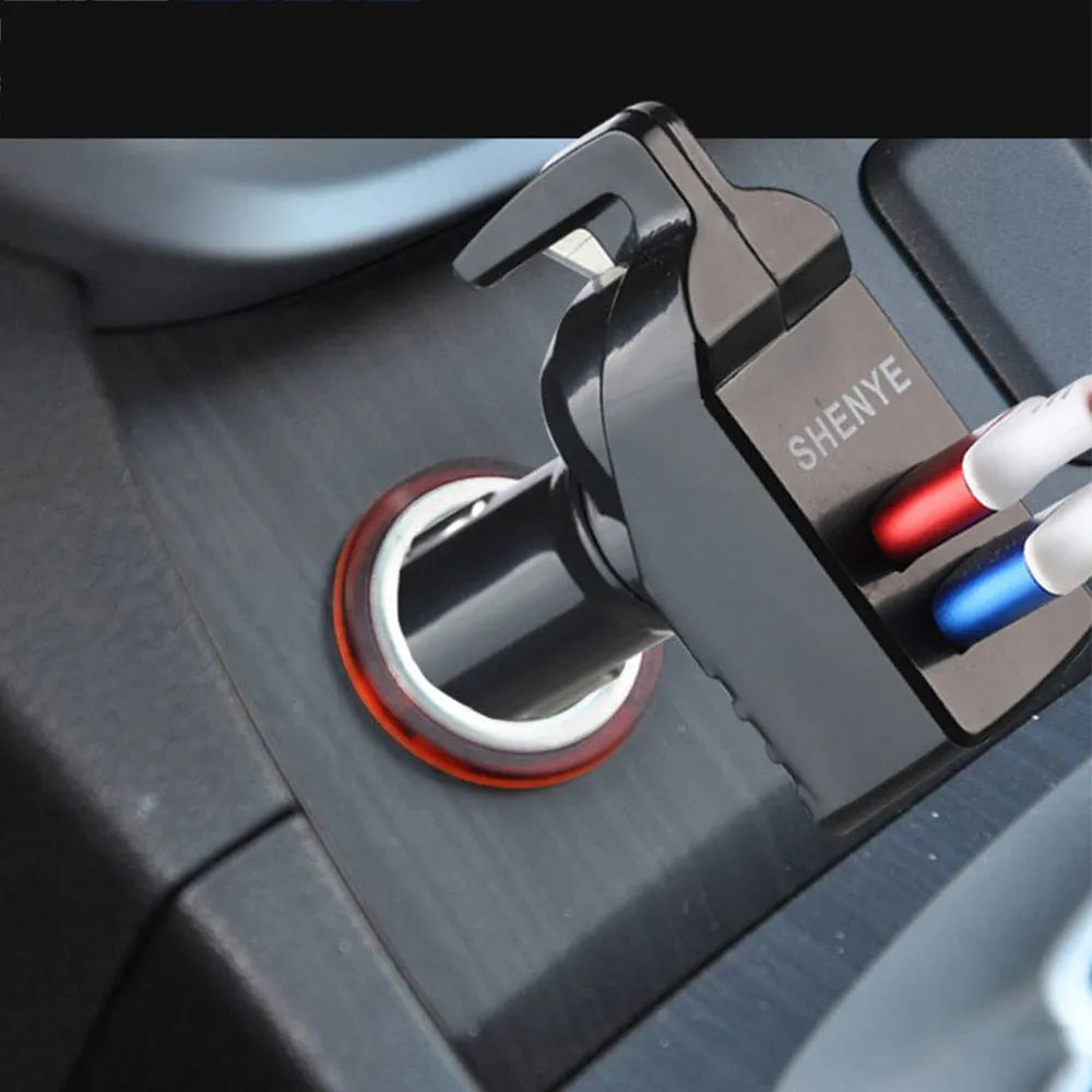 Black car safety hammer with PC polycarbonate body, tungsten steel tip, and seat belt cutter on grey background