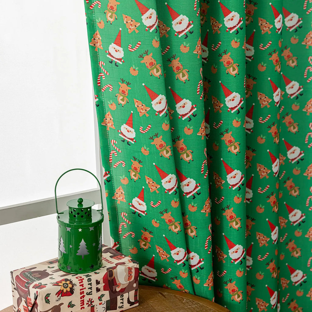 Green and red snowman angel print festive curtain for living room
