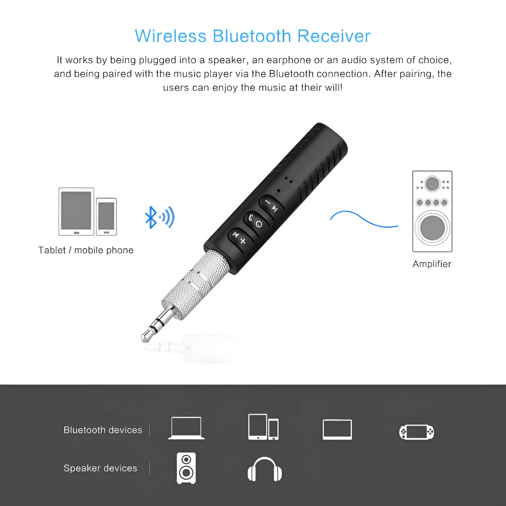 Black universal Bluetooth audio receiver adapter with 3.5mm jack for car stereo and speaker wireless upgrade