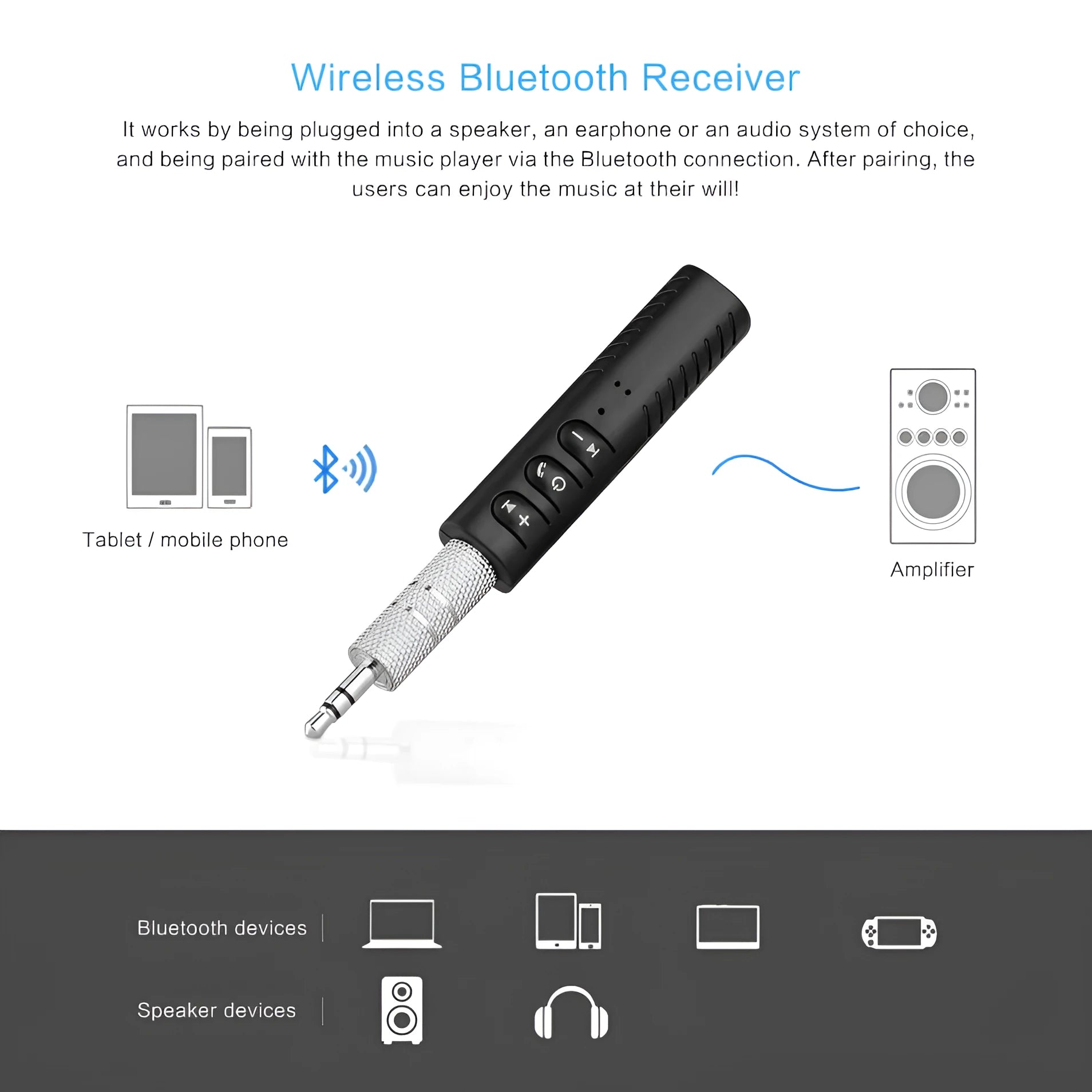 Black universal Bluetooth audio receiver adapter with 3.5mm jack for car stereo and speaker wireless upgrade