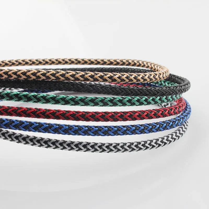 Braided hemp rope Apple iPhone lightning charging cable in six colours, showing 1m length and 8PIN connector.