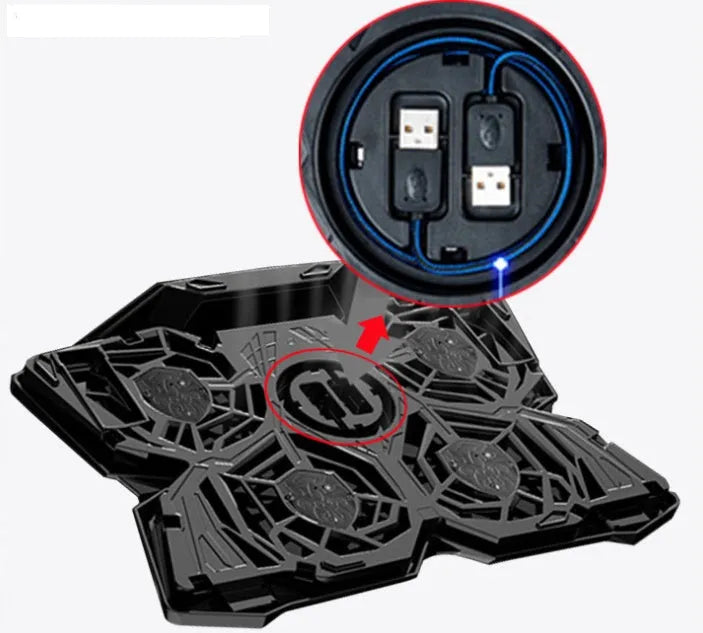 Blue computer cooling base with four cooling fans and two USB ports on front panel