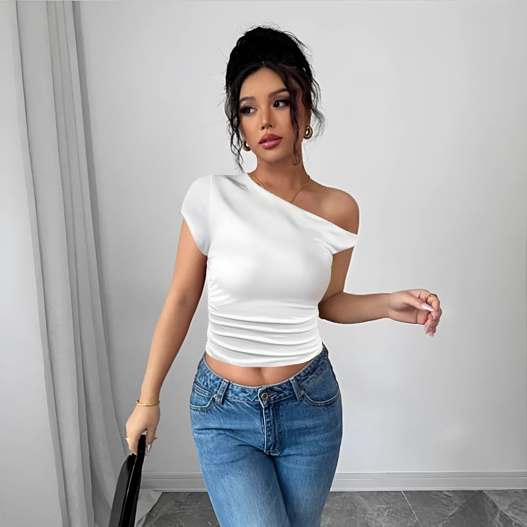 Women's white polyester slim fit pullover top with oblique shoulder neckline and raglan sleeves