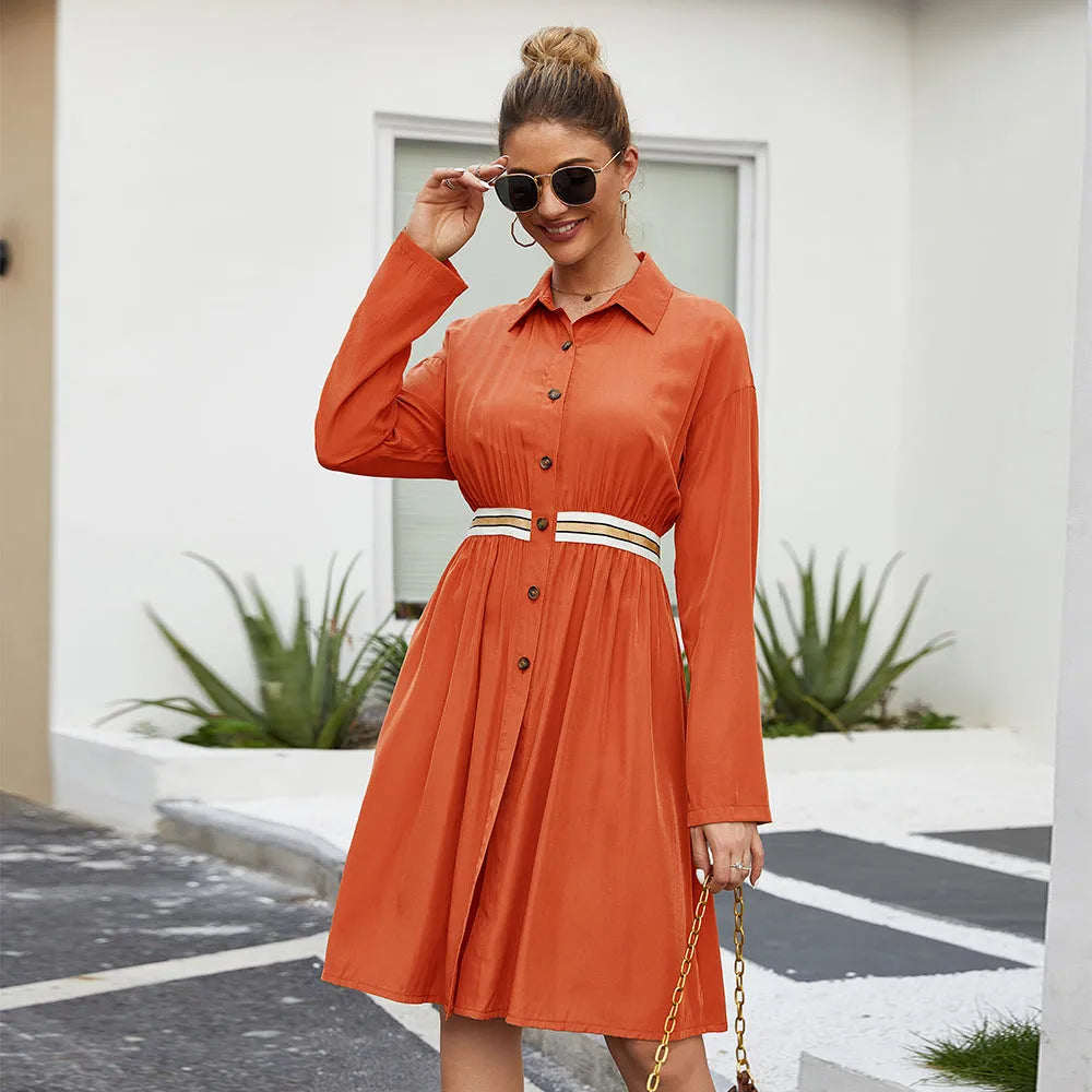 Women's summer casual A-line midi dress with elastic waist, lapel collar, long sleeves, in green colour
