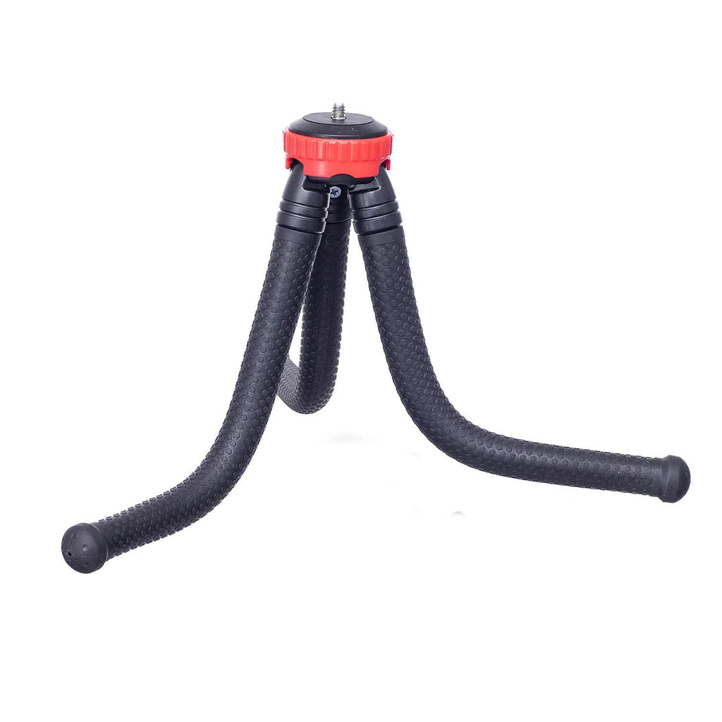 Black rubber octopus tripod with flexible legs and spherical gimbal head for mobile phones and cameras
