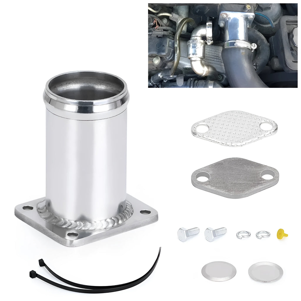 BMW E46 diesel EGR delete kit showing black removal pipe, blanking plates, bolts, and vacuum plug.