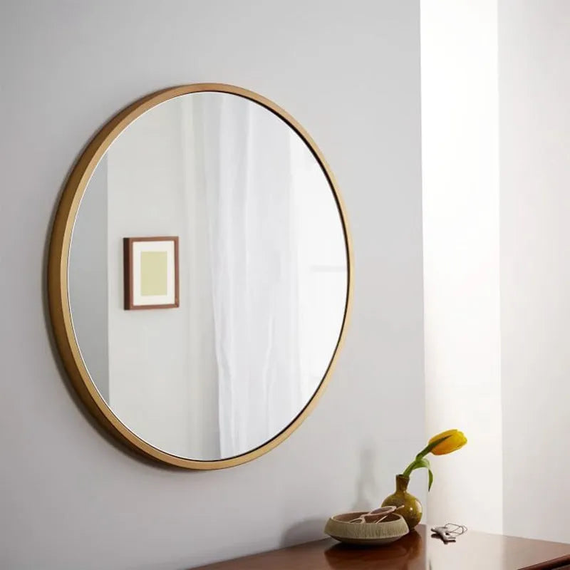 Round metal framed bathroom wall mirror in Nordic style available in black, white or gold