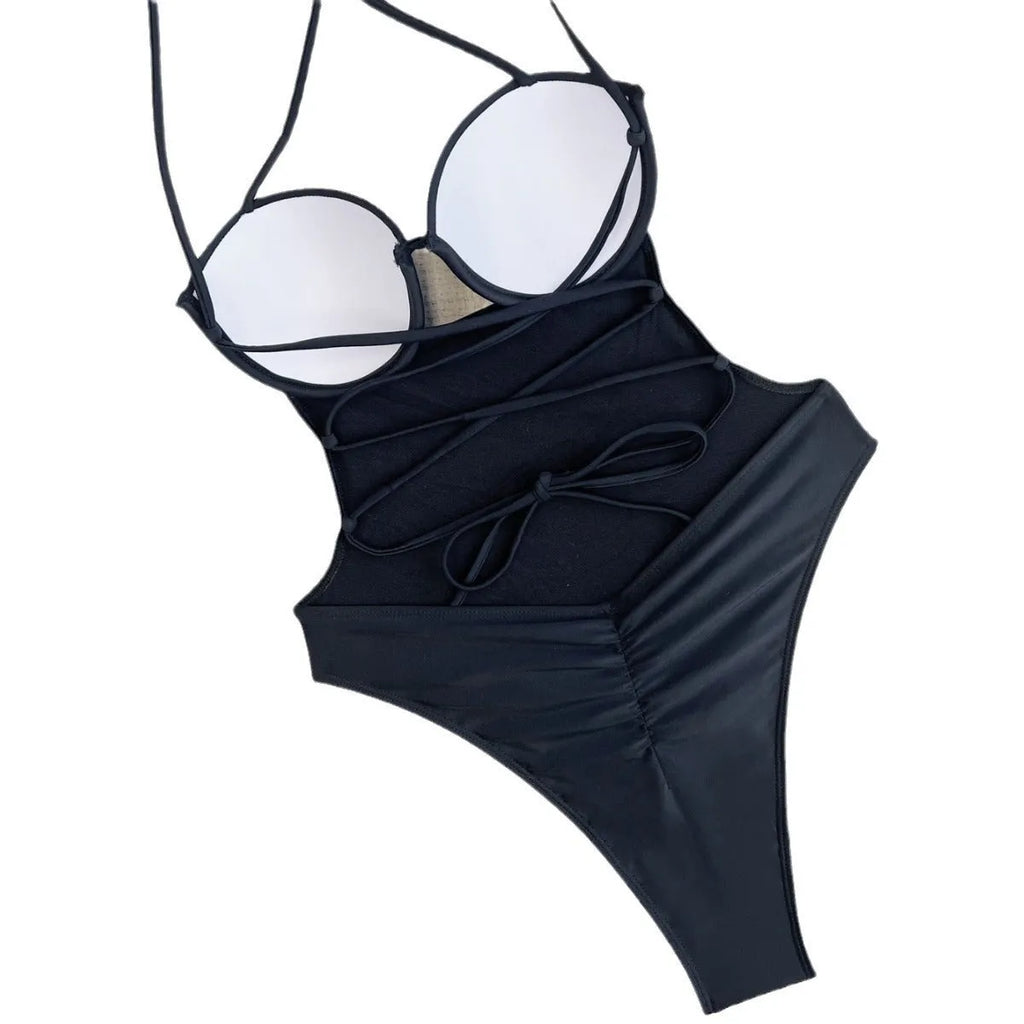 Black solid colour one-piece swimsuit for women made from spandex fabric