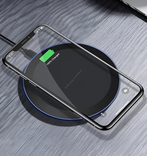Black 10W 5W wireless charger pad with ABS PC body and Micro USB cable