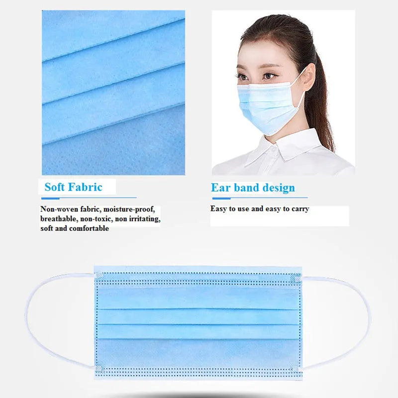Disposable 3-ply blue medical surgical face mask with ear loops, non-woven material