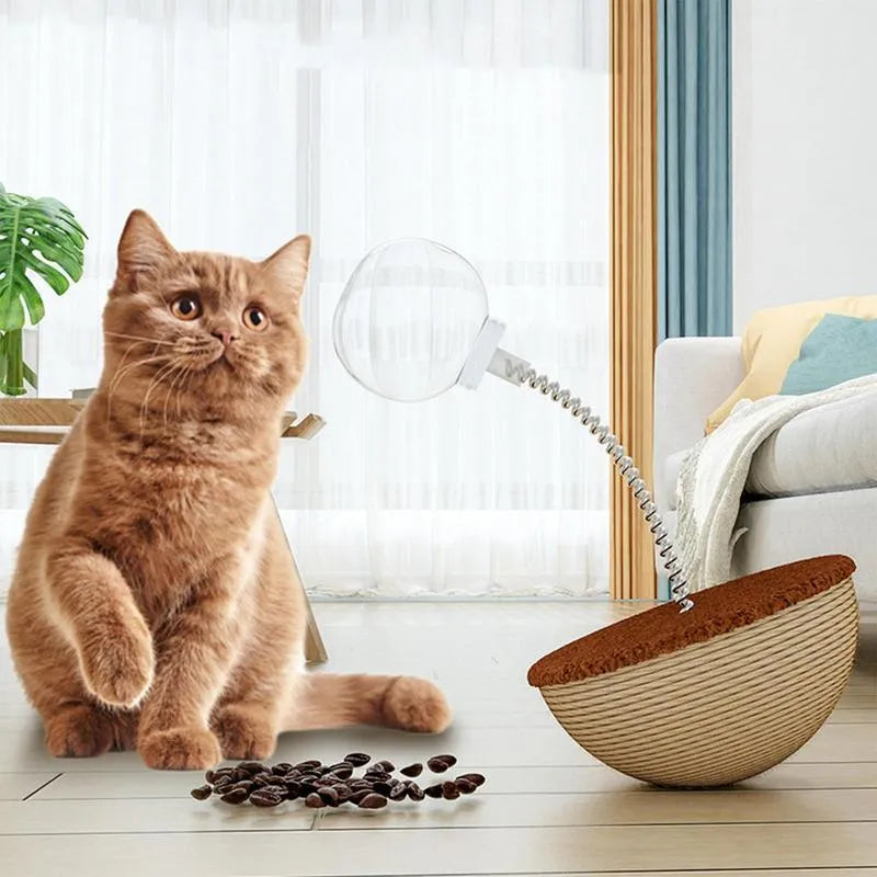 Auto-balancing cat interactive food puzzle toy in tumbler style on a floor